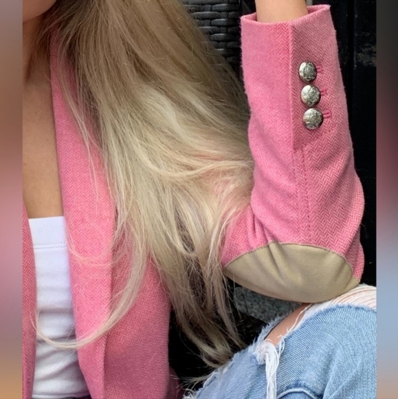 Banana Republic Pink Wool Herringbone Blazer Jacket Elle Woods Size 00P = XXS - Picture 16 of 16